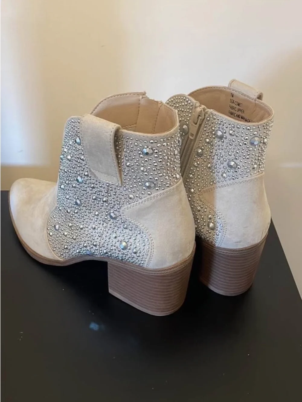 Beige Embellished Suede Ankle Boots - Women's Fashion Booties - Picture 3 of 5